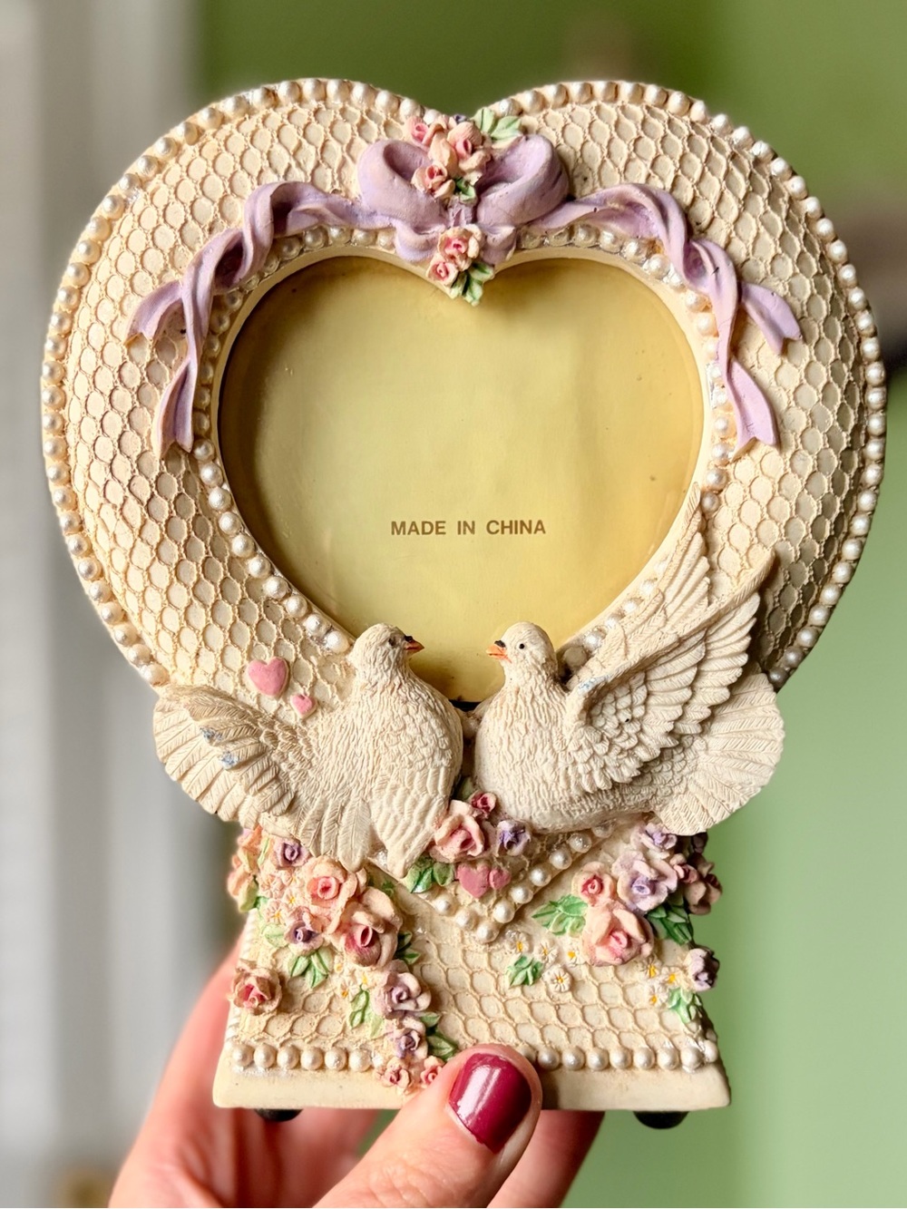 Elegant Heart Shaped Dove Bird Photo Frame Lace Affect & Musical Floral Art